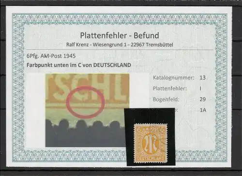 BIZONE 1948 PLATTENFEHLER Nr 13I gestempelt (220164)