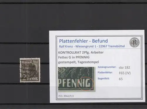 SBZ 1945 PLATTENFEHLER Nr 182 F65 gestempelt (220174)