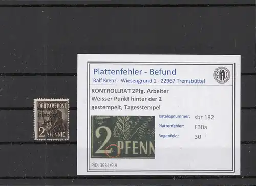 SBZ 1945 PLATTENFEHLER Nr 182 F30 gestempelt (220178)