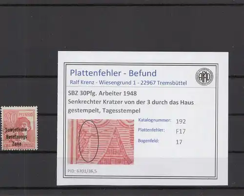 SBZ 1948 PLATTENFEHLER Nr 192 F17 gestempelt (221271)