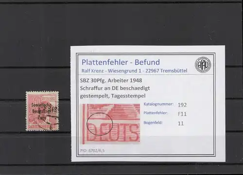 SBZ 1948 PLATTENFEHLER Nr 192 F11 gestempelt (221278)