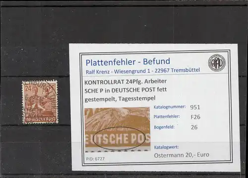 KONTROLLRAT 1946 PLATTENFEHLER Nr 951 F26 gestempelt (221285)