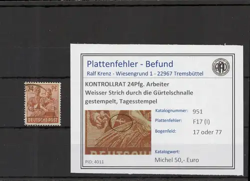 KONTROLLRAT 1946 PLATTENFEHLER Nr 951 I gestempelt (221294)