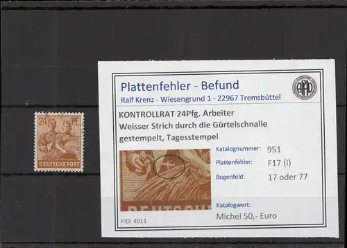 KONTROLLRAT 1946 PLATTENFEHLER Nr 951 I gestempelt (221295)