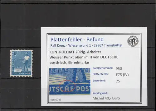 KONTROLLRAT 1946 PLATTENFEHLER Nr 950 IV postfrisch (221302)