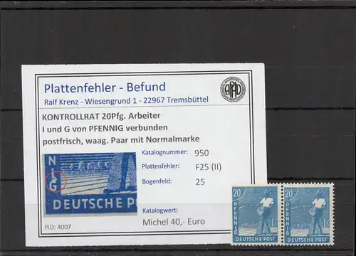KONTROLLRAT 1946 PLATTENFEHLER Nr 950 II postfrisch (221305)