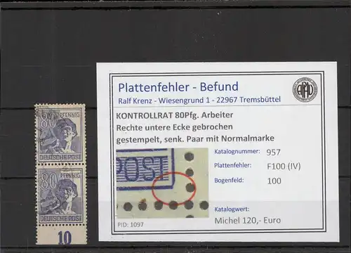 KONTROLLRAT 1946 PLATTENFEHLER Nr 957 IV gestempelt (221315)