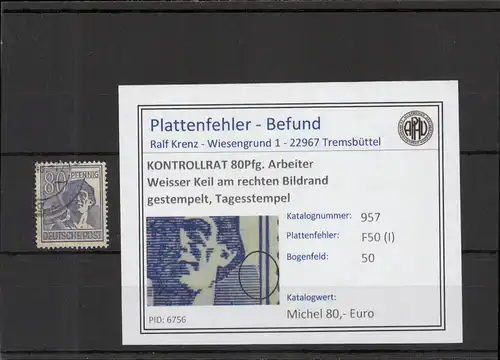 KONTROLLRAT 1946 PLATTENFEHLER Nr 957 I gestempelt (221317)