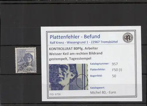 KONTROLLRAT 1946 PLATTENFEHLER Nr 957 I gestempelt (221318)