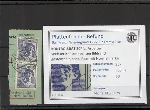 KONTROLLRAT 1946 PLATTENFEHLER Nr 957 I gestempelt (221319)