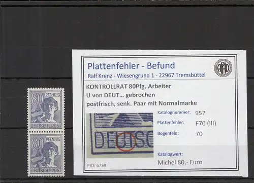 KONTROLLRAT 1946 PLATTENFEHLER Nr 957 III postfrisch (221320)