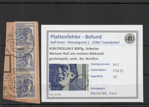 KONTROLLRAT 1946 PLATTENFEHLER Nr 957 I gestempelt (221321)