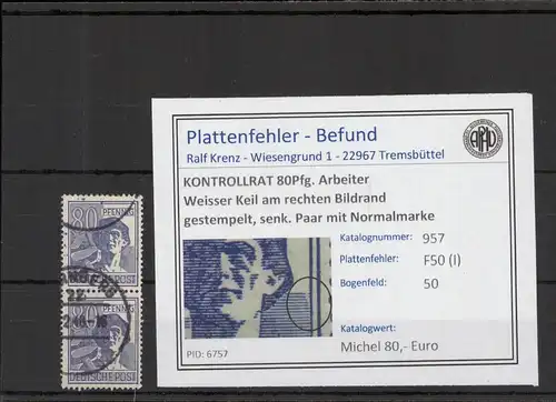 KONTROLLRAT 1946 PLATTENFEHLER Nr 957 I gestempelt (221322)