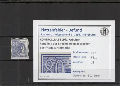 KONTROLLRAT 1946 PLATTENFEHLER Nr 957 F11a postfrisch (221328)