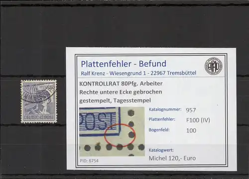 KONTROLLRAT 1946 PLATTENFEHLER Nr 957 IV gestempelt (221329)