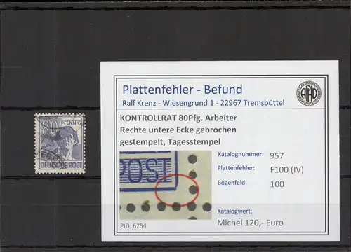KONTROLLRAT 1946 PLATTENFEHLER Nr 957 IV gestempelt (221330)