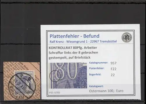 KONTROLLRAT 1946 PLATTENFEHLER Nr 957 F22 gestempelt (221331)