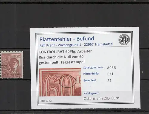 KONTROLLRAT 1946 PLATTENFEHLER Nr A956 F21 gestempelt (221339)