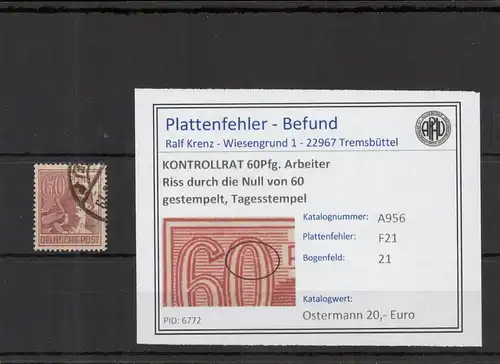 KONTROLLRAT 1946 PLATTENFEHLER Nr A956 F21 gestempelt (221340)