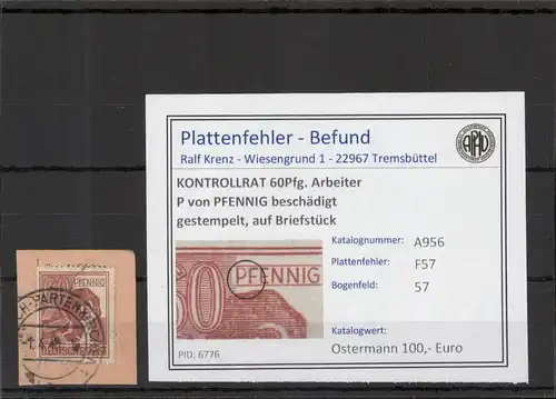 KONTROLLRAT 1946 PLATTENFEHLER Nr A956 F57 gestempelt (221353)