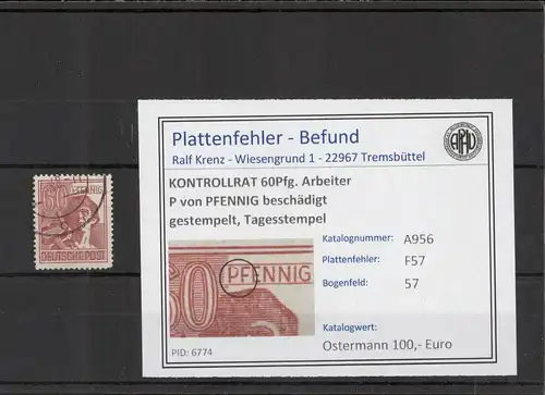 KONTROLLRAT 1946 PLATTENFEHLER Nr A956 F57 gestempelt (221354)