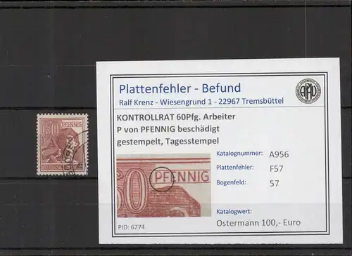 KONTROLLRAT 1946 PLATTENFEHLER Nr A956 F57 gestempelt (221355)