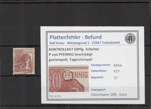 KONTROLLRAT 1946 PLATTENFEHLER Nr A956 F57 gestempelt (221356)