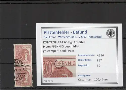 KONTROLLRAT 1946 PLATTENFEHLER Nr A956 F57 gestempelt (221357)