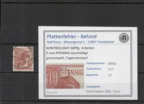 KONTROLLRAT 1946 PLATTENFEHLER Nr A956 F57 gestempelt (221358)