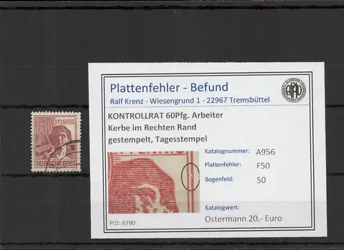 KONTROLLRAT 1946 PLATTENFEHLER Nr A956 F50 gestempelt (221364)