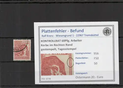 KONTROLLRAT 1946 PLATTENFEHLER Nr 956 F50 gestempelt (221365)