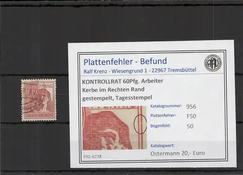 KONTROLLRAT 1946 PLATTENFEHLER Nr 956 F50 gestempelt (221366)