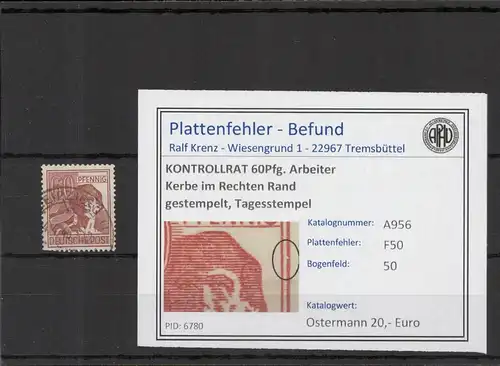 KONTROLLRAT 1946 PLATTENFEHLER Nr A956 F50 gestempelt (221368)