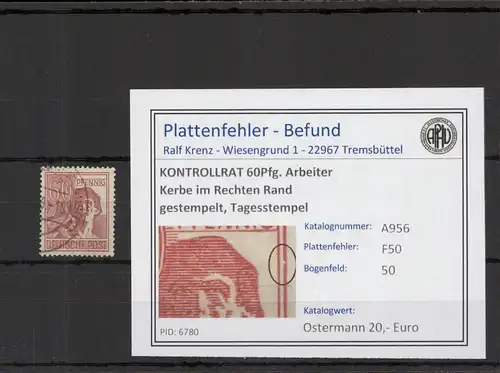 KONTROLLRAT 1946 PLATTENFEHLER Nr A956 F50 gestempelt (221369)