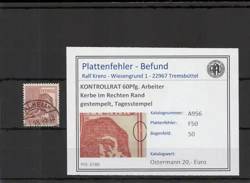 KONTROLLRAT 1946 PLATTENFEHLER Nr A956 F50 gestempelt (221370)