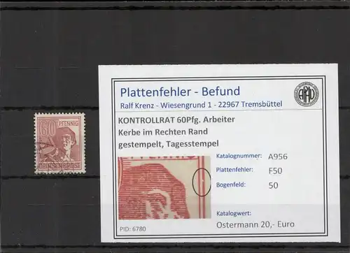 KONTROLLRAT 1946 PLATTENFEHLER Nr A956 F50 gestempelt (221371)