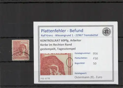 KONTROLLRAT 1946 PLATTENFEHLER Nr 956 F50 gestempelt (221372)