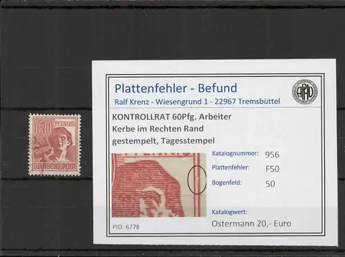 KONTROLLRAT 1946 PLATTENFEHLER Nr 956 F50 gestempelt (221373)