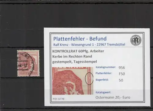 KONTROLLRAT 1946 PLATTENFEHLER Nr 956 F50 gestempelt (221374)