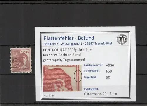 KONTROLLRAT 1946 PLATTENFEHLER Nr 956 F50 gestempelt (221375)