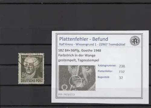 SBZ 1949 PLATTENFEHLER Nr 238 F37 gestempelt (221424)