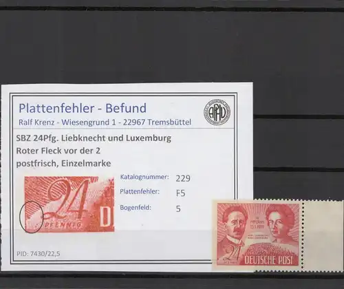 SBZ 1949 PLATTENFEHLER Nr 229 F5 postfrisch (221444)