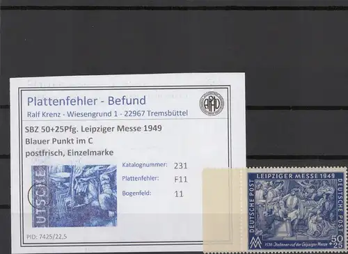 SBZ 1949 PLATTENFEHLER Nr 231 F11 postfrisch (221453)