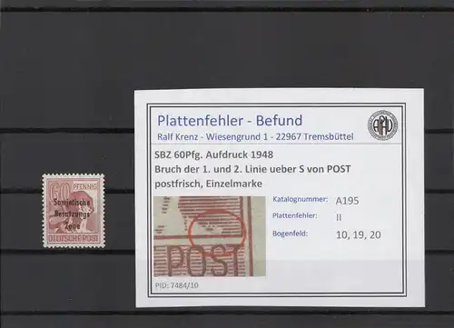 SBZ 1948 PLATTENFEHLER Nr A195 PF II postfrisch (221626)
