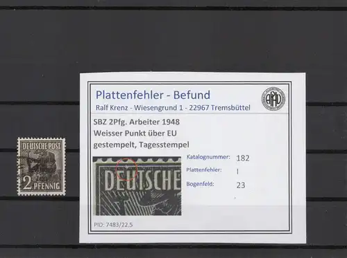 SBZ 1948 PLATTENFEHLER Nr 182 I gestempelt (221629)