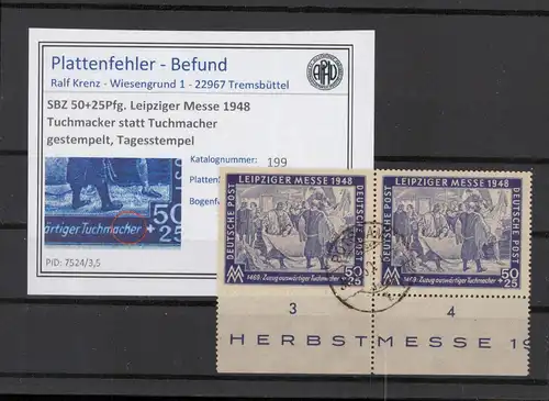 SBZ 1948 PLATTENFEHLER Nr 199 I gestempelt (221654)