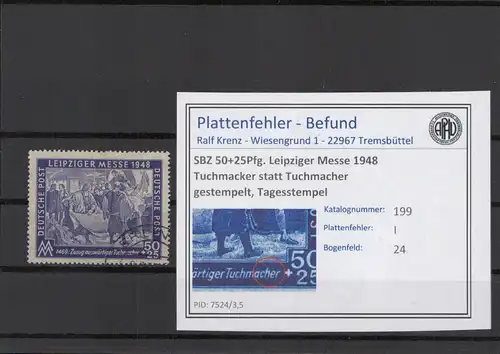 SBZ 1948 PLATTENFEHLER Nr 199 I gestempelt (221672)