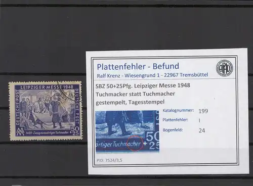 SBZ 1948 PLATTENFEHLER Nr 199 I gestempelt (221674)