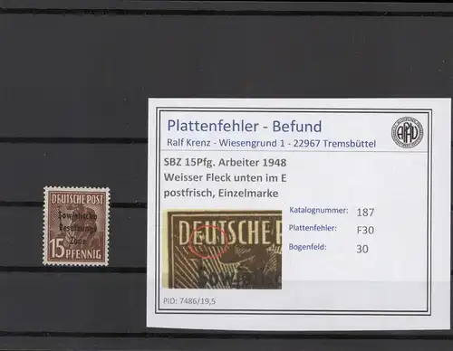 SBZ 1948 PLATTENFEHLER Nr 187 F30 postfrisch (221678)