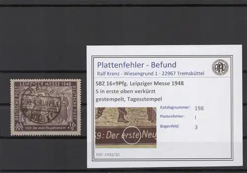 SBZ 1948 PLATTENFEHLER Nr 198 I gestempelt (221692)